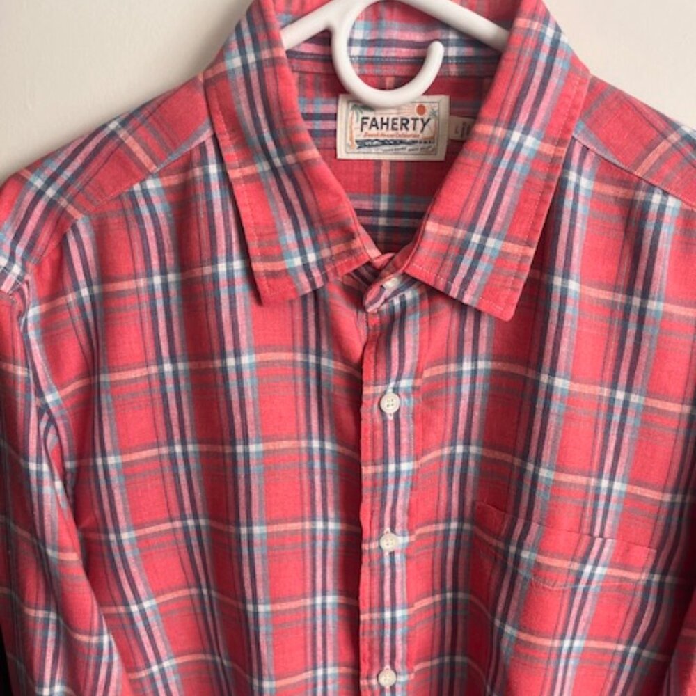 Faherty Linen Button Down Plaid Shirt Size: L